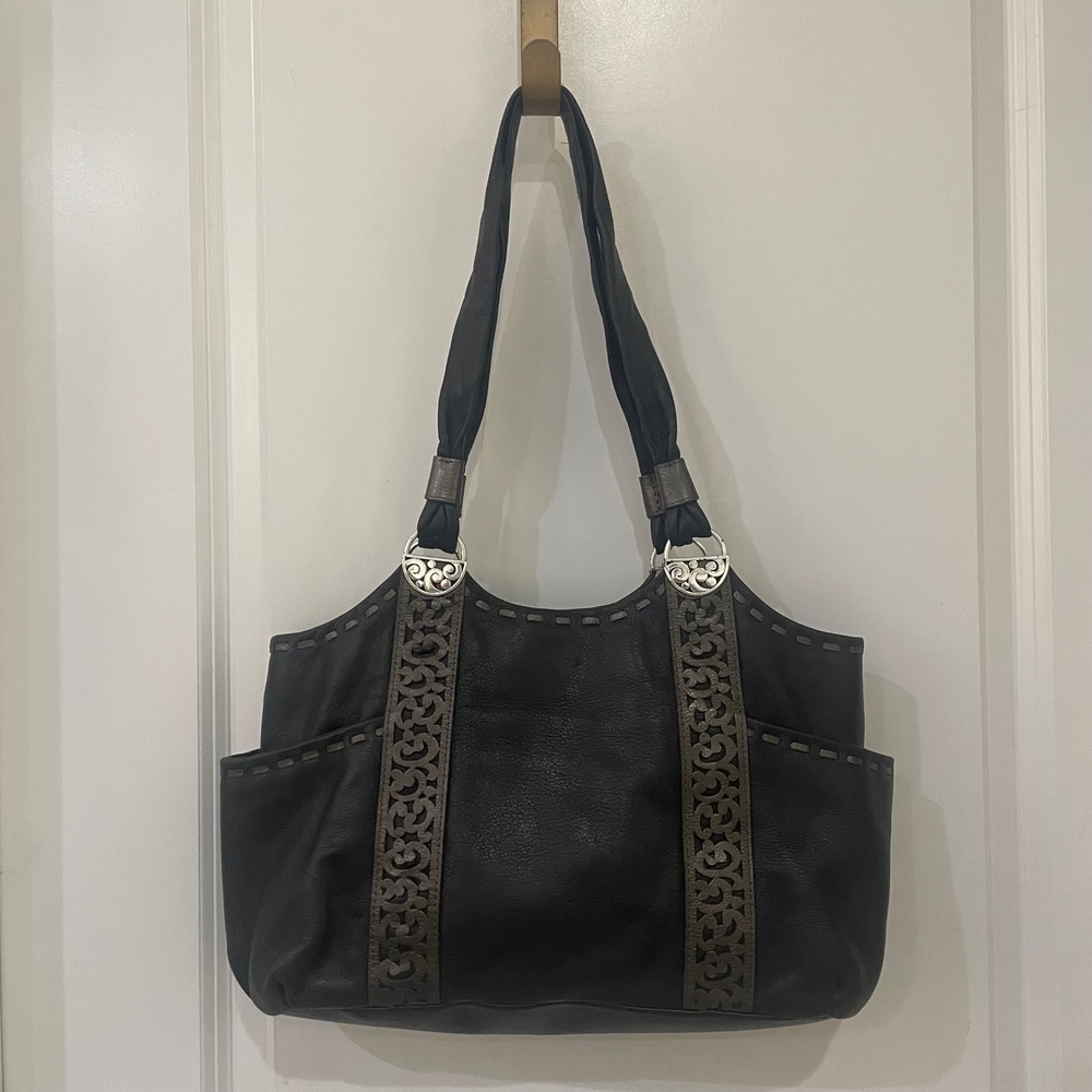 Brighton Black Pebbled Leather Scrollwork Shoulder Bag Tote E339758 Silver Hdwre